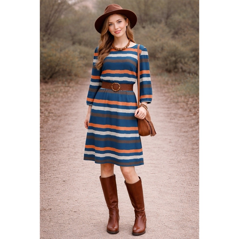 Francesca‎ Bettini Striped Shift Dress Blue Brown Size Large Boho Chic Bohemian